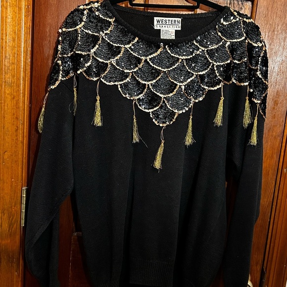 Vintage Western Connection sequined tassel black sweater size L - Picture 6 of 15